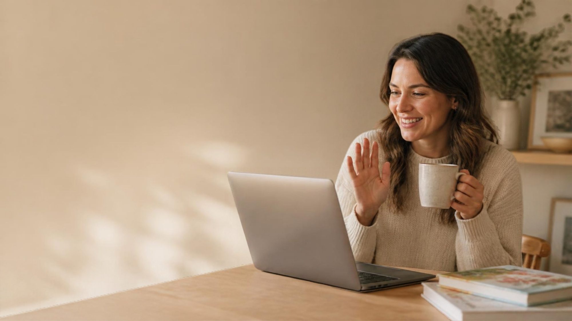 A mother smiling and waving on a video call at a light wooden table