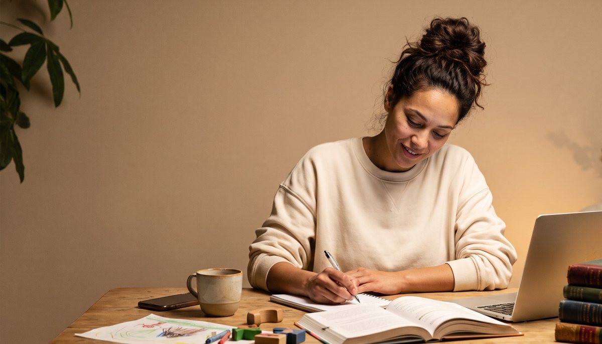 A mom taking notes at the kitchen table, with a book, a laptop and her phone